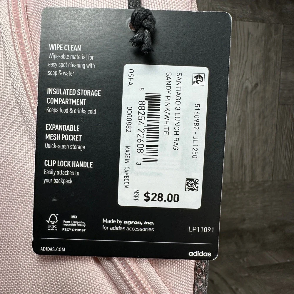 Adidas Lunch Bag OSFA Sandy Pink Insulated Mesh Pocket NEW JL1250